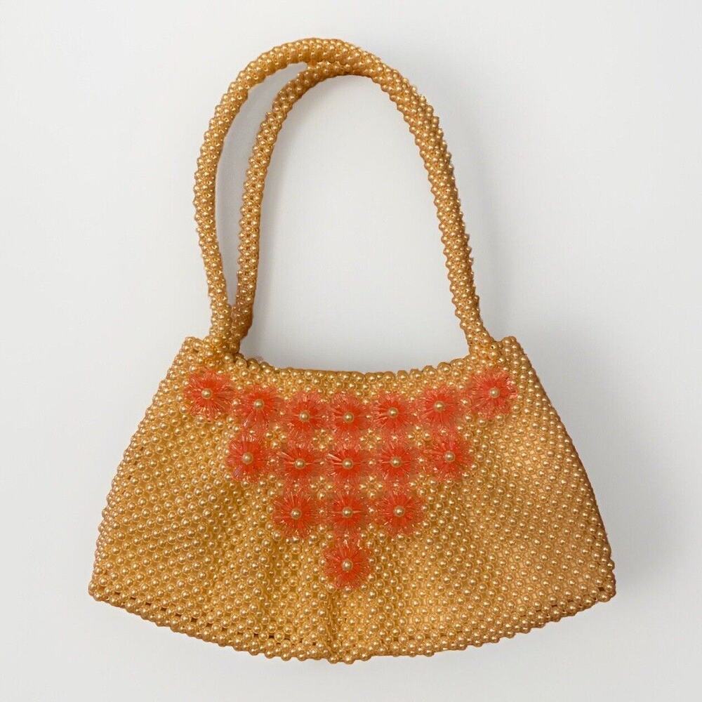 Vintage Pearl Beaded Purse 1950's Ivory W/ Pink Flowers Unused Barbie Like